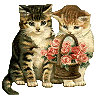 Victorian style illustration of two kittens with a basket of pink flowers.