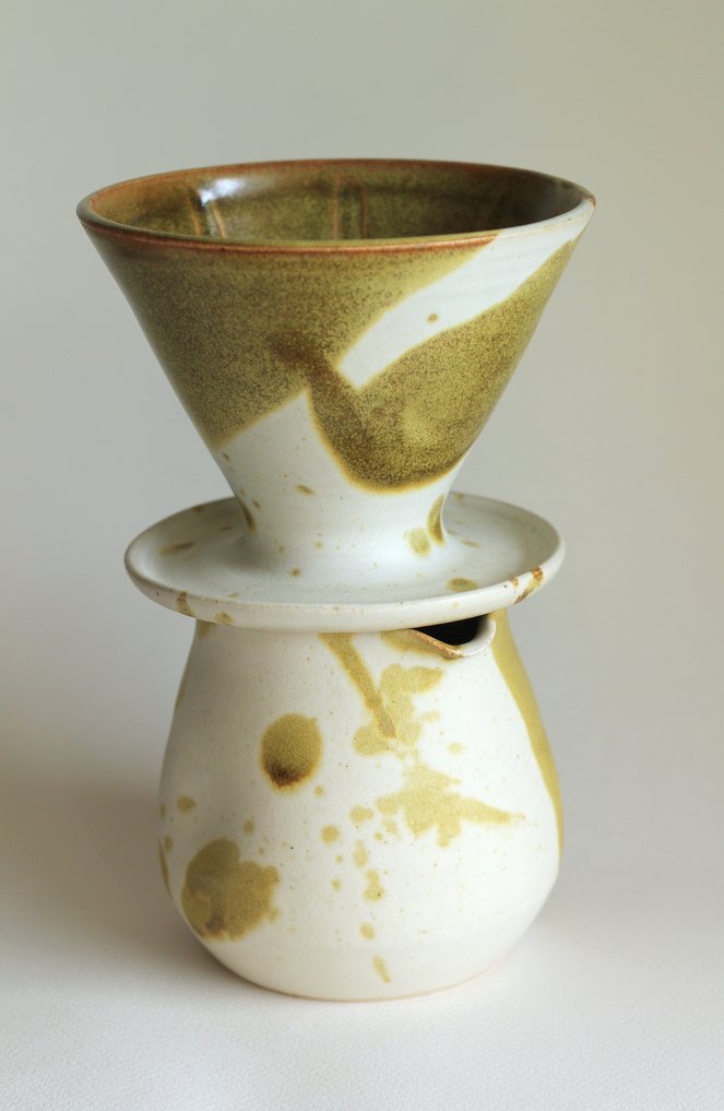 Coffee server and V60-style dripper in white and mossy green glaze.